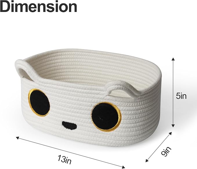 White Cat Toy Basket, Small Woven Cat Toy Storage Box with Cute Ears Handle Indoor, Cotton Rope Storage Bin with Embroidered Face for Home Decor, Pet Bed, Baby Nursery Kids Room Organization