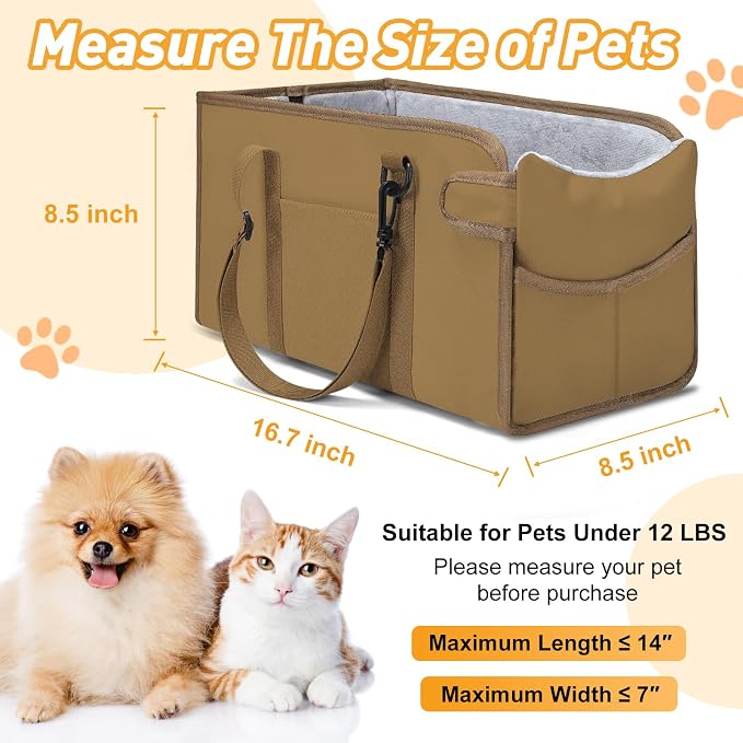 Portable Dog Car Seat for Small Dogs, Puppy Car Seat, Khaki | Booster Seat With Safety Leash & Adjustable Straps Keeps Small Dogs Secure. Removable Washable Cushion. Fits Most Cars.