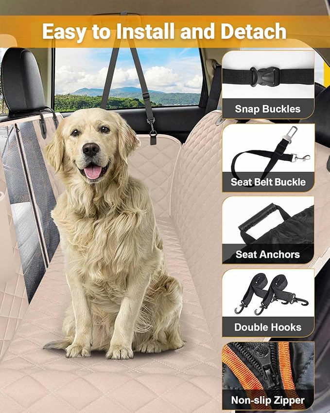 Dog Car Seat Cover, 600D Heavy Dute Car Seat Cover for Dogs Pets, 100% Waterproof Anti-Scratch Nonslip Dog Hammock for Cars, Seat Covers Protector with SeatBelt for Sedan SUV Truck Standard Khaki