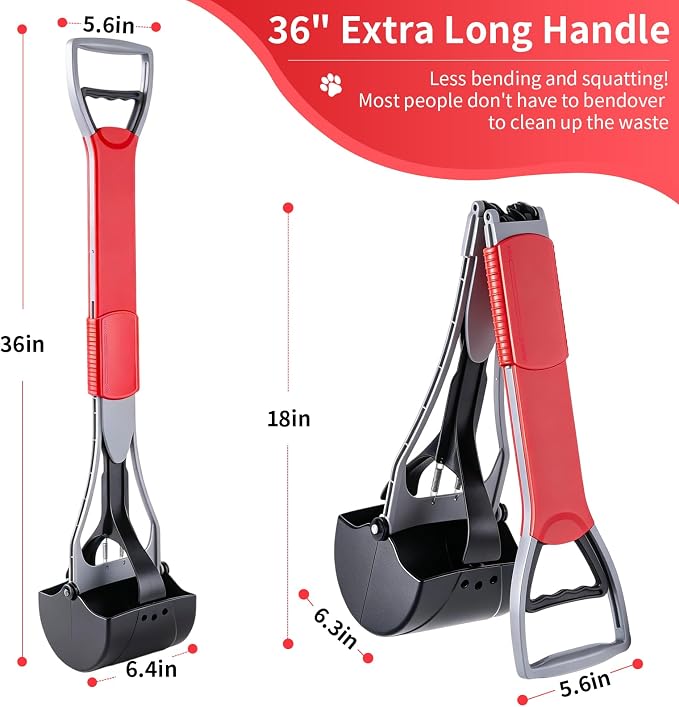 ienjoyed 36“ Largest Dog Pooper Scooper for Large Dogs Heavy Duty, Non-Breakable Dog Poop Scooper with Wide Handle for Grass, Gravel, Huge Dog Poop Pick Up Tool, Long Handled Poop Grabber, Red