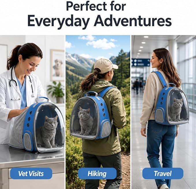 Expandable Cat Carrier Backpack for Cats & Dogs, Bubble Window Pet Travel Backpack with Breathable Mesh, Anti-Collapse Structure, Side Door, Safety Leash, for Vet Visits, Hiking, Outdoor, Blue