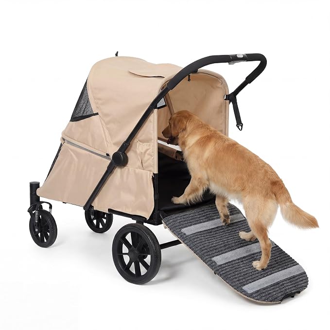 LAUSAINT HOME 4 Wheels Pet Stroller, Foldable Extra Large Dog Stroller for Medium & Large Dogs/Cats with Built-in Access Ramp, Dog Carrier Cat Stroller with Breathable Mesh, Khaki