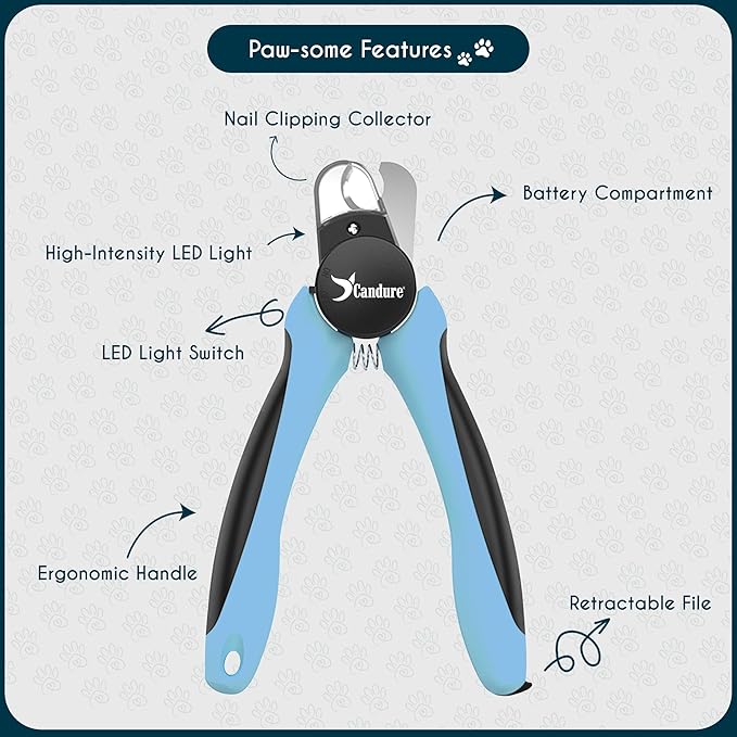 Candure LED Dog Nail Clippers with Light - Pet Nail Clippers with Light for Dogs & Cats, Sharp Stainless Steel Blades for Thick Nails, Safe Grooming Trimmer with Nail File (Sky Blue) | Includes Nail File, Small to Large Breeds, Avoids Over-Cutting, Pro...