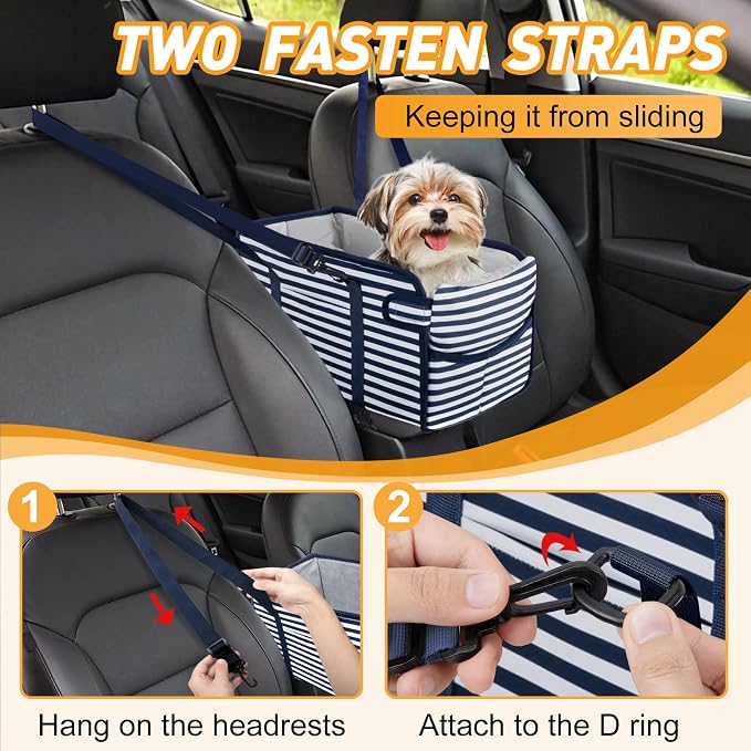 Portable Dog Car Seat for Small Dogs, Puppy Car Seat, Blue Stripes | Booster Seat With Safety Leash & Adjustable Straps Keeps Small Dogs Secure. Removable Washable Cushion. Fits Most Cars.