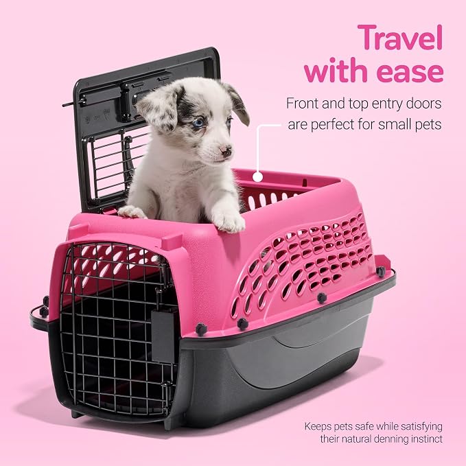 Petmate Dog Crates for Small Dogs & Cat Carriers, Two-Door Plastic Pet Kennel, Top & Front Loading, XS 19" For Dogs Up To 10 lb, Pink | Plastic pet kennel made in USA, for small pups and kittens, dual entry design, great for travel and vet trips, easy ...
