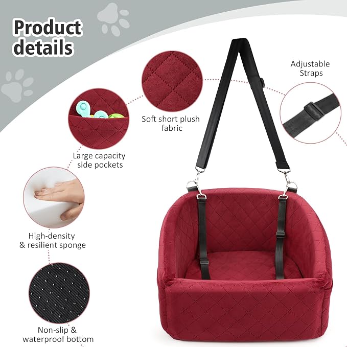 NEEZUKAR Dog Car Seat for Small Medium Dogs,Detachable Washable Dog Booster Seat Under 30lbs, Pet Car Seats Travel Bed with Storage Pockets and Safety Belt(Red)
