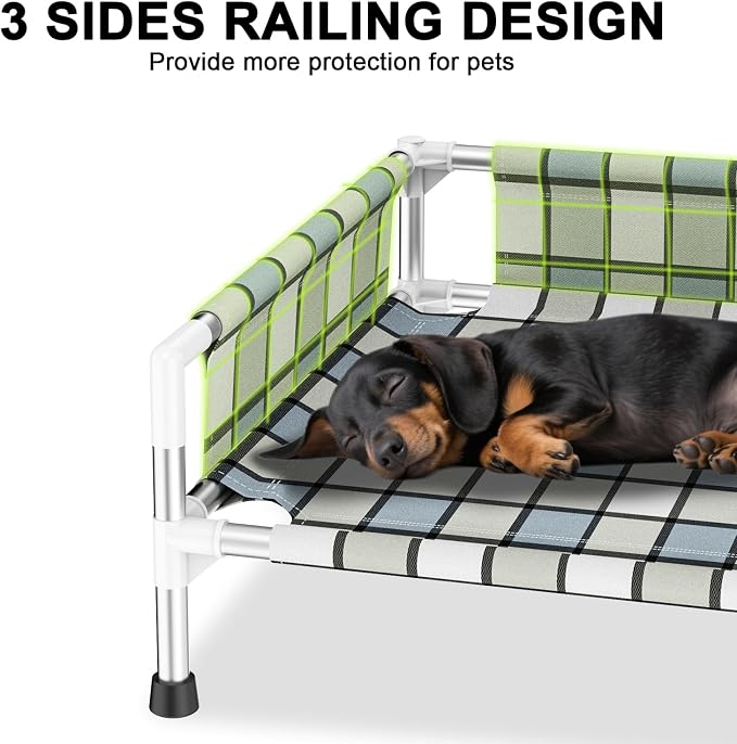 Elevated Dog Bed with with Guardrail, Raised 3-Fence Dog Hammock Bed | Breathable Lifted Stainless Steel Frame Dog Bed for Small Pets, Cooling Washable Dog Cot