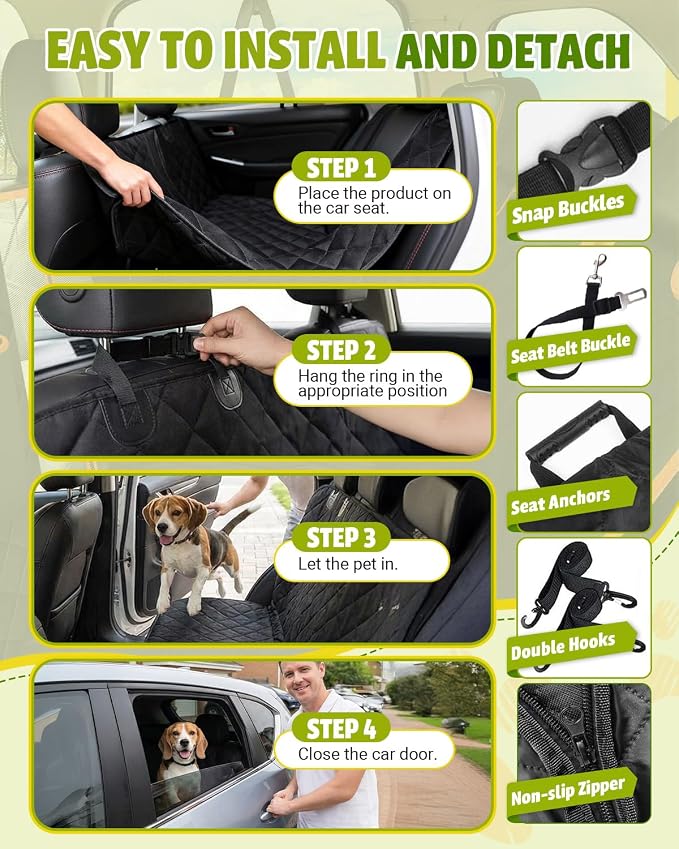Dog Car Seat Cover, 600D Heavy Dute Car Seat Cover for Dogs Pets, 100% Waterproof Anti-Scratch Nonslip Dog Hammock for Cars, Seat Covers Protector with SeatBelt for Sedan SUV Truck Standard Black