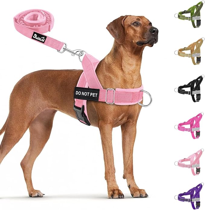 SlowTon No Pull Dog Harness with Front Clip - Heavy Duty, Soft Padded | Neck & Chest Adjustable, Tactical Pet Vest and Leash Set for Large Medium Sized Dogs, for Easy Walk & Training, Pink L