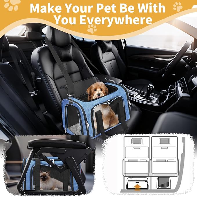 Soft-Sided Cat/Dog/Pet Carrier, Collapsible Pets Travel Carriers for Big Cats/Small Dogs with Shoulder Strap & Removable Mat, Mesh Puppy Carry Bag, Up to 16 Lbs, TSA Airline Approved(Blue)