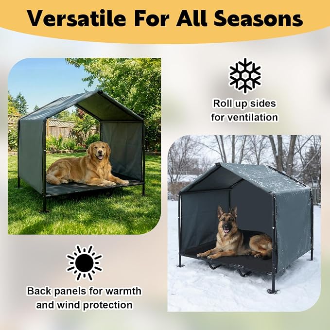 Large Dog House with Elevated Dog Bed, Waterproof Dog Shade with Back Cover | Portable Outdoor Dog Tent for Medium/Large Dogs, Sun & Rain Protection Canopy for Camping/Patio/Yard, Ground Stakes Included
