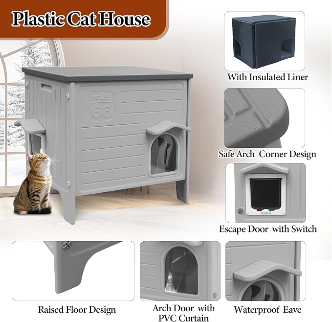 Insulated Cat House Outdoor Weatherproof Plastic Cats Houses for Winter | with Escape Door Indoor Waterproof Feral/Pet Cat Shelter Outside for Puppy, Rabbit (Grey)