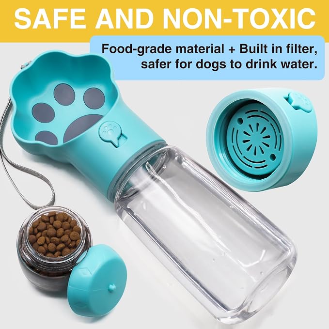 Dog Water Bottle with Food Container, Portable Pet Dispenser, Leak Proof, Hiking, Puppy Travel, Outdoor Activities(18.6 fl.oz/550ml, Blue)