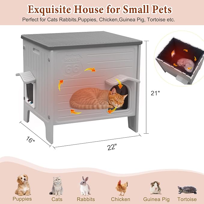 Insulated Cat House Outdoor Weatherproof Plastic Cats Houses for Winter | with Escape Door Indoor Waterproof Feral/Pet Cat Shelter Outside for Puppy, Rabbit (Grey)