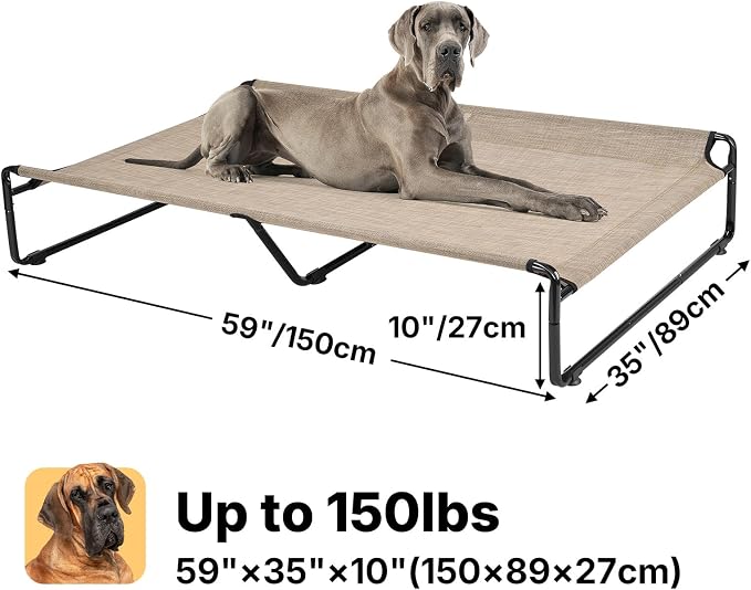 Veehoo Outdoor Elevated Dog Bed, Cooling Raised Dog Beds for Large Dogs | Washable Dog Cot with Headrest Sides, Non-Skid Feet, Breathable Mesh, Cooling Pet Hammock for Indoor or Camping, 59", Beige