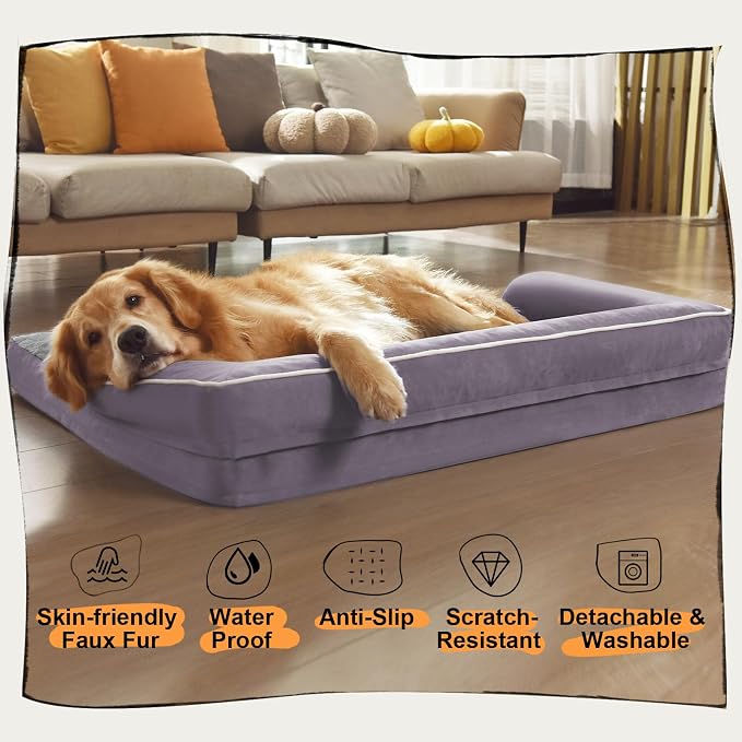 Orthopedic Waterproof Dog Bed with Bolster for Extra Large Size Dogs | Pillow Support for Neck Relief, Egg Crate Foam, Waterproof Liner, Anti-Slip Bottom, Removable Bolster Cover, 48 x 33 Inch