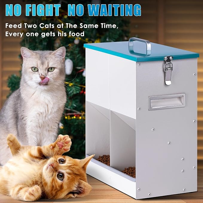 Automatic Cat Feeder Outdoor Dog Dry Food Dispenser Gravity Cat Feeder Pet Feeder for 2 Feral Barn Cats, 42cups/10L Dual