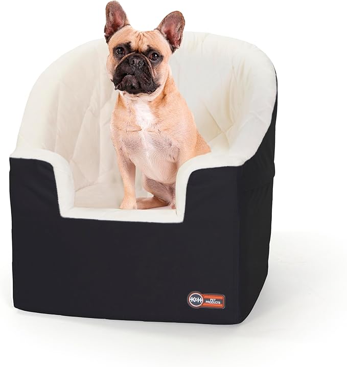 K&H Dog Car Seat, Bucket Booster for Cats & Dogs, Small, Black/Cream | Collapsible Dog Car Seats for Small Dogs. Seat Belt Secured, 2 Safety Leashes, Washable Covers