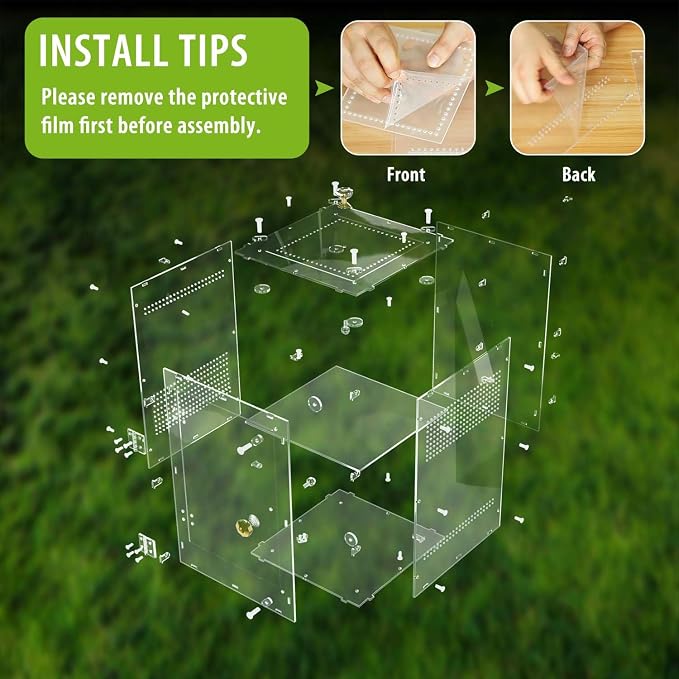 Large Jumping Spider Enclosure, 2 in 1 Ventilated Reptile Terrarium for Praying Mantis,Arboreal Tarantula,Crested Gecko, 12"*8"*8" Acrylic Habitat with Removable Divider,Front Opening & Top Lid