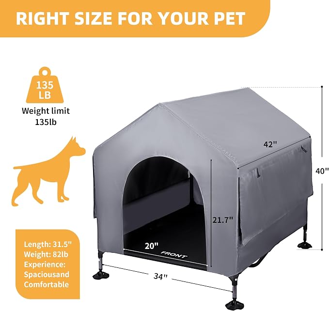 Dog House, 42” Large Dog House Outdoor Indoor Elevated Dog Cot Bed | 2-in-1 Outside Dog Tent Shade, Three-Sided Breathable Mesh Windows, Easy to Install, Waterproof Canopy, Non-Slip Feet
