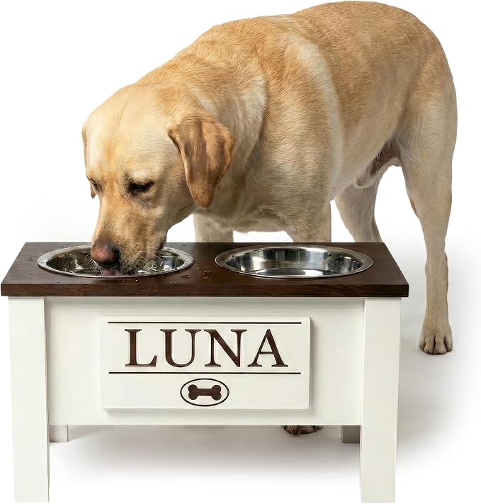 Elevated Dog Bowls for Large Dogs, Personalized Food Stand for Large Breed | Farmhouse Style, Elevated Wood Stand, Storage Container, Stainless Steel Bowls, Raised Anti-Slip Feeder, Made in USA