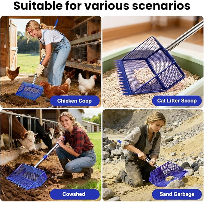 2026 Latest 12inch 2-in-1 Chicken Poop Scooper & Rake with Handle, Heavy-Duty Metal Chicken Coop Scoop for Sand Sifting Shovel Litter Scooper for Farm House Chicken Coop Cleaning Tools Accessories