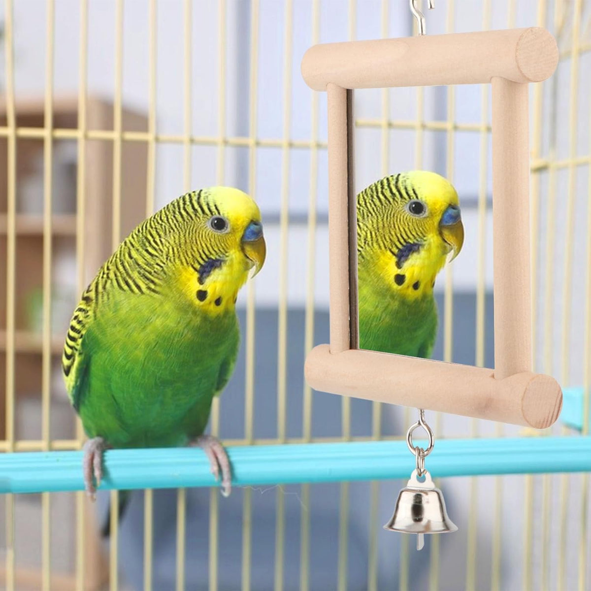 Wontee Bird Mirror Bird Toys for Budgies Parakeets Cockatiels Lovebirds Conures (Wood color-2pcs)