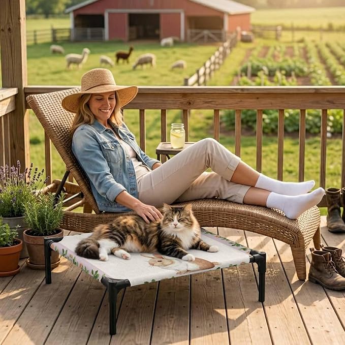Outdoor Elevated Dog Bed for Small Dogs, Country Bunny Breathable Cooling Raised Dog Cot for Indoor/Outdoor, Farmhouse Rustic Flower Leaf Plant Beige Waterproof Elevated Pet Beds, S 20 x 20 in