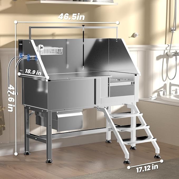 46" Dog Wash Station, 304 Stainless Steel, Side Stair, 440 lb | Storage Drawer, pet grooming tub, hot cold faucet, fixed sprayer, shampoo dispenser, S-trap, hair filter, garage outdoor use
