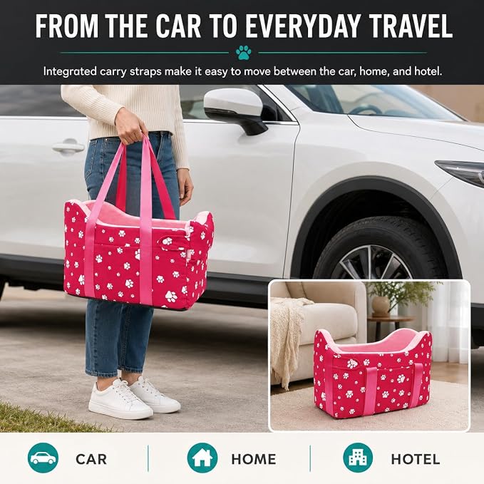 Center Console Dog Car Seat for Small Dogs Under 15 lbs - Detachable Washable Carrier with Safety Belt & Storage Pockets, Pink