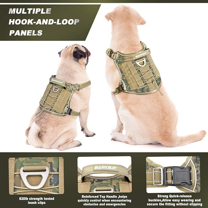 Tactical Dog Harness Large,Military Service Weighted Dog Vest Harness Working Dog MOLLE Vest with Loop Panels,No-Pull Training Harness with Leash Clips for Walking Hiking Hunting(Camo,M)