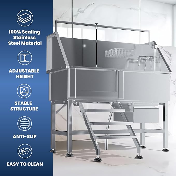 46" Dog Wash Station, 304 Stainless Steel, Side Stair, 440 lb | Storage Drawer, pet grooming tub, hot cold faucet, fixed sprayer, shampoo dispenser, S-trap, hair filter, garage outdoor use
