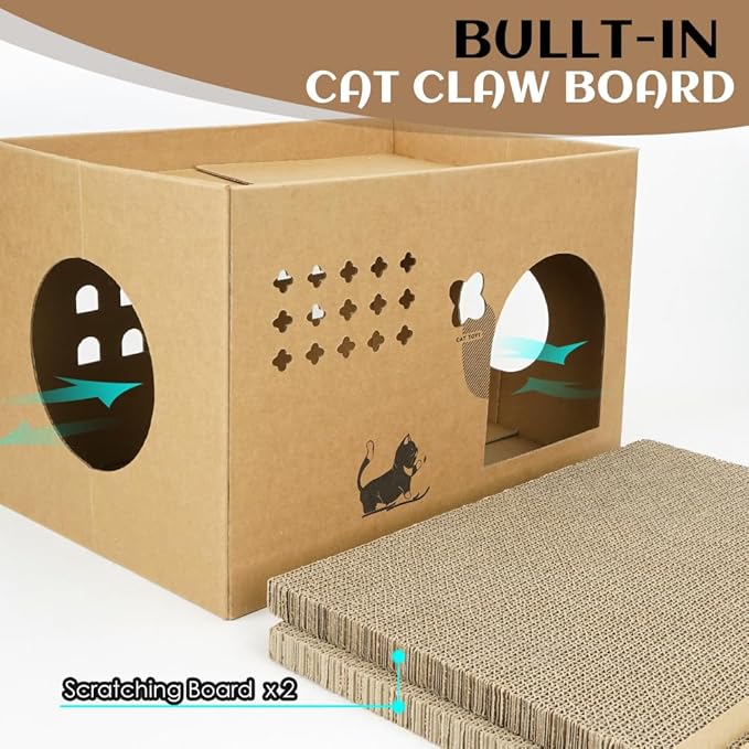 Cat Cardboard House with 2 PCS Scratching Pads，Large Cat Scratcher Bed Cat Scratchers Lounge for Indoor Cats with Corrugated Board Detachable Cat Scratcher Box for Cats(Cactus)