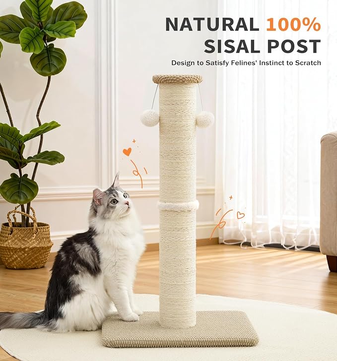 Made4Pets Tall Cat Scratching Post, 23.6" Natural Sisal Cat Scratcher with Hanging Balls, Heavy Duty and Thicker Scratching Post for Indoor Cats Adults, Sturdy Base Cat Scratch Post, Beige