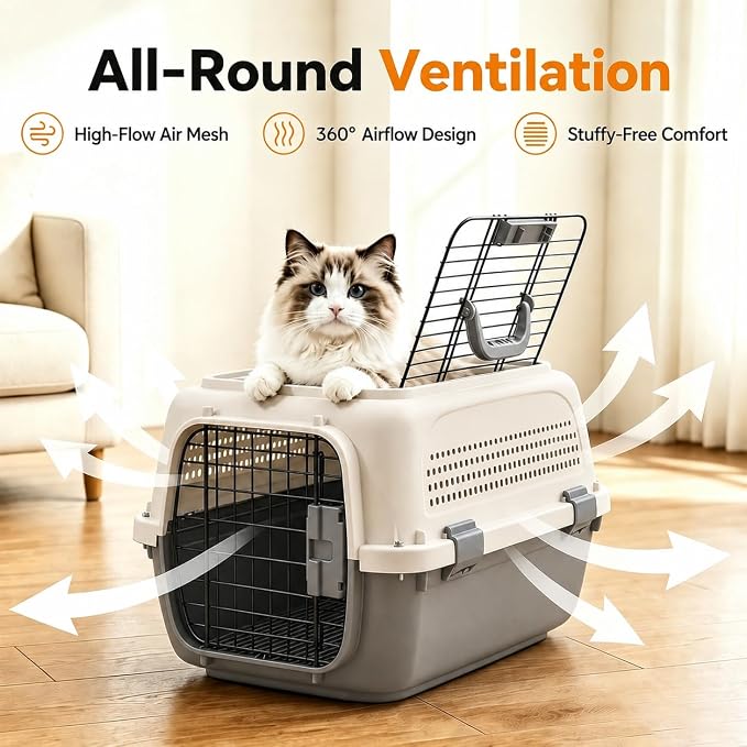 23" Airline Approved Cat Carrier Hard Shell, Dual-Entry Pet Carrier with Top & Front Doors, Detachable Food Bowl & Secure Lock, Breathable Dog Carrier for Cats & Small Dogs Up to 22 lbs - Grey