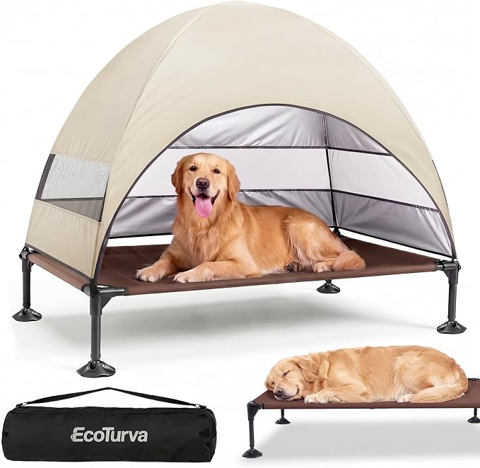 Elevated Dog Bed with Canopy - 3-Sided UV Protection Pet Tent with Wider Shade, Raised Cooling Outdoor Dog Cot with Breathable Mesh for Medium Large Dogs, Portable Bed for Camping, Patio (Khaki, L)
