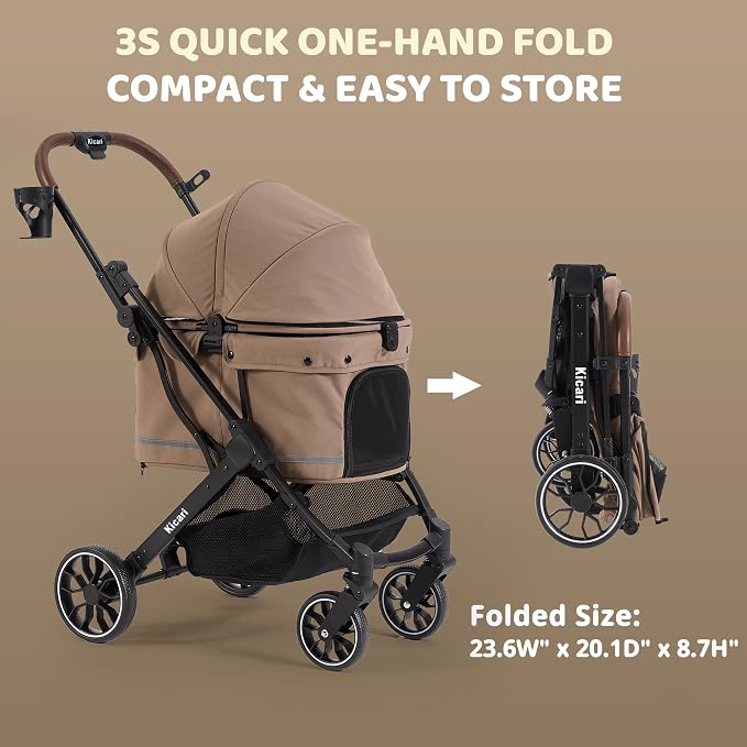 All-Terrain Dog Stroller for Small to Medium Dogs, Pet Stroller for Dogs & Cats Outdoor Walks, One-Hand Easy Fold, Double-Layer Anti-UV & Waterproof Canopy & Breathable Mesh, Mocha Brown