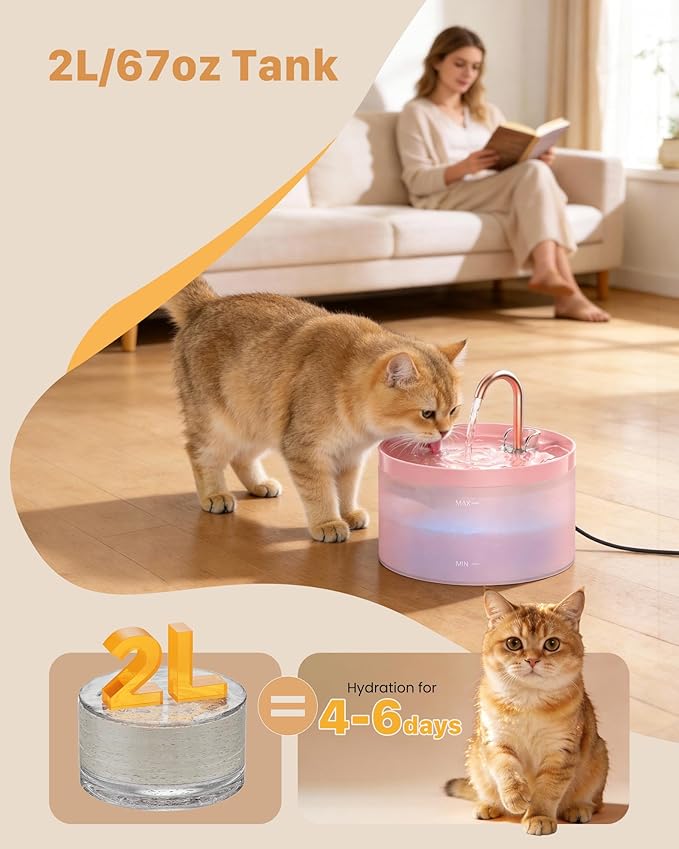 Cat Water Fountain for Cats Indoor: 67oz/2L GIOTOHUN Cat Fountain - Silent Pet Water Fountain for Drinking - Pink Cat Drinking Founttain - Faucet Pet Fountain - Contains 6 Filters + 3 Sponges