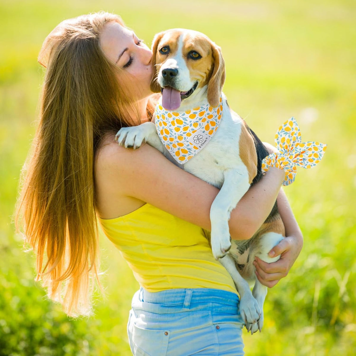 E-Clover Yellow Floral Dog Bandanas & Matching Scrunchie Set Cute Dog Scarf Bibs Pet Bandana with Bow Tie for Medium Large Dogs Owner Mom Spring Summer