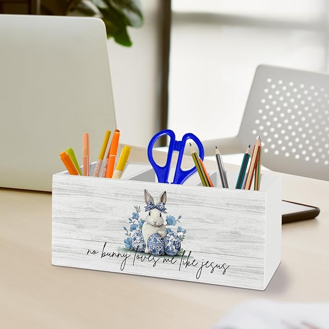 Easter Bunny Decor, Chinoiserie Christian Easter Bunny Pen Pencil Holder Organizer for Desk Accessories, Blue and White Floral Rabbit Wooden Box Sign Desk Decor for Home Office Decoration