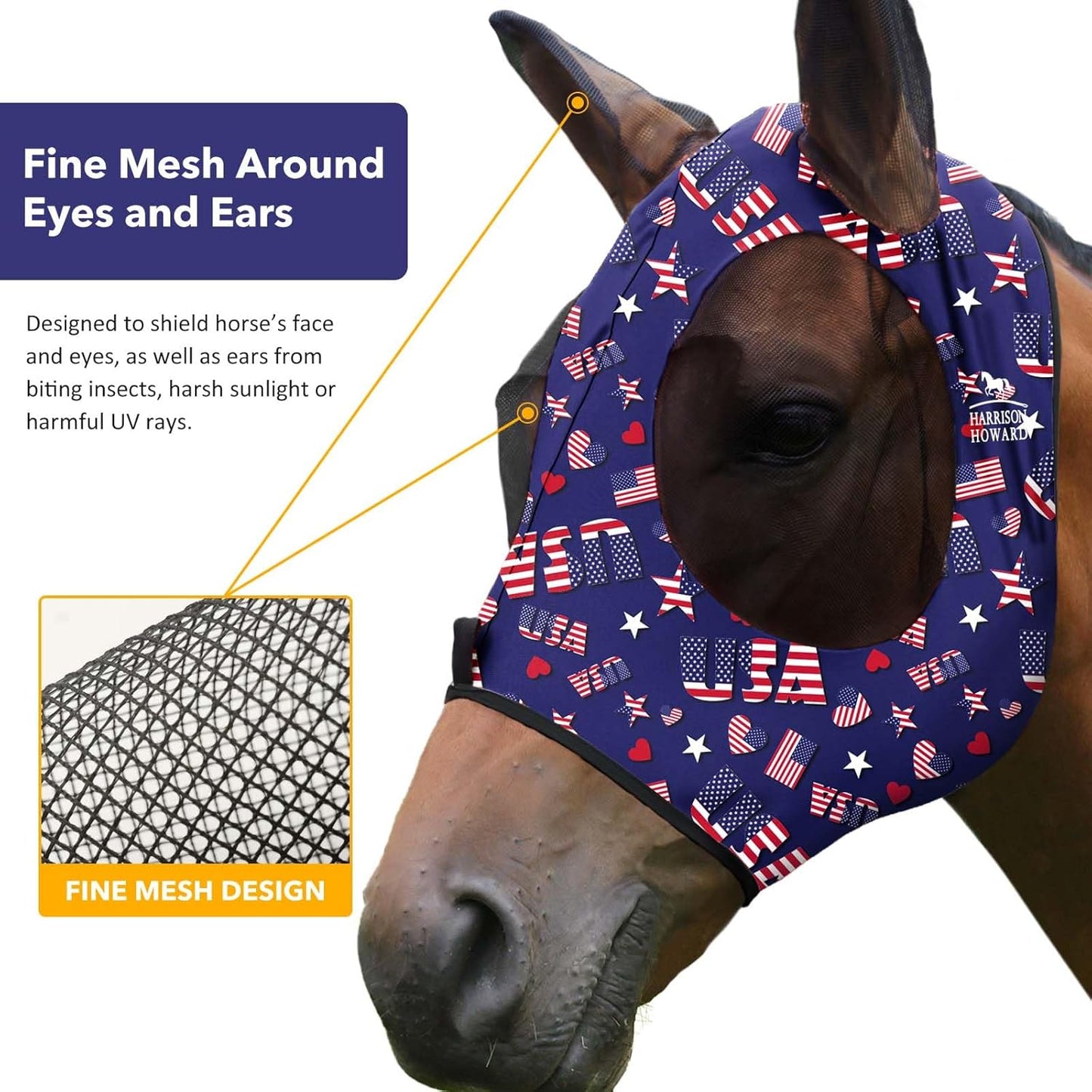 Harrison Howard Super Comfort Stretchy Fly Mask Large Eye Space with UV Protection Soft on Skin with Breathability Classic Letters S