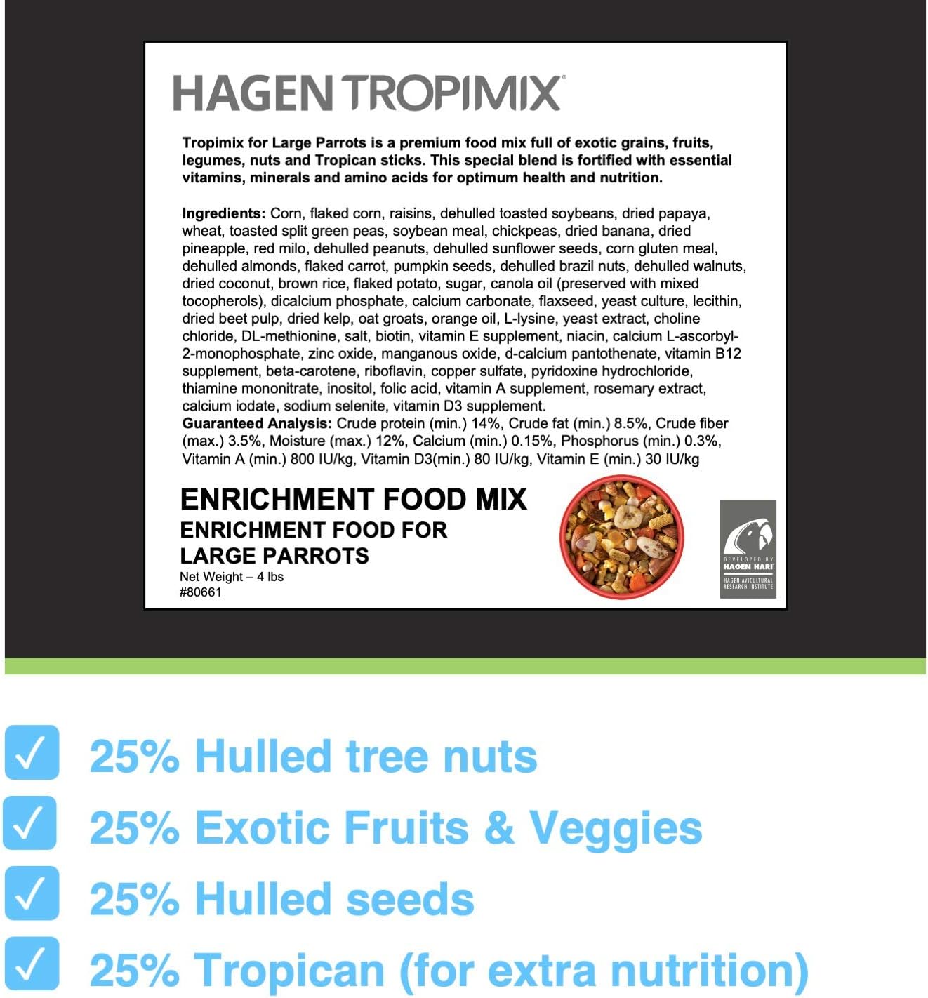 Tropimix Bird Food, Hagen Large Parrot Food with Seeds, Fruit, Nuts, Vegetables, Grains, and Legumes, Enrichment Food, 4 lb Bag