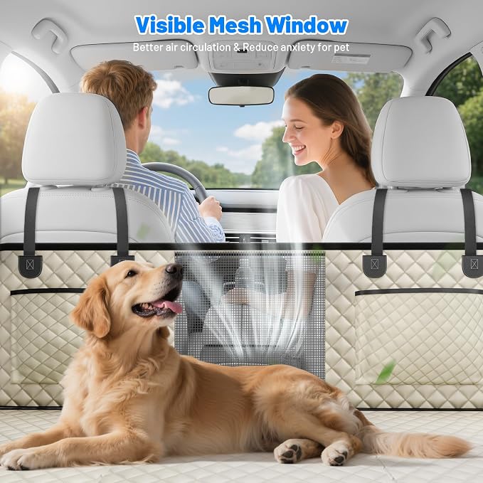 Dog Car Seat Cover for Back Seat,Hard Bottom Hammock Hold 400lbs For Cars | Khaki,Waterproof,Anti-Scratching,Safety Non-Slip,600D Oxford,Mesh Window,Storage Pocket,for Cars/SUV/ Sedans/MPV
