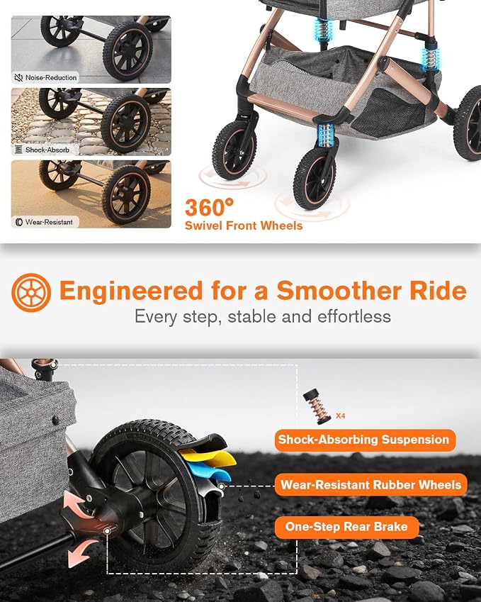 HOVONO Dog Stroller with Detachable Carrier for 2 Pets up to 60 lbs | 3-in-1 Cat Stroller with Lightweight Aluminum, 9.5” Shock-Absorbing Rubber Wheels for All-Terrain, Extra Large Storage Basket