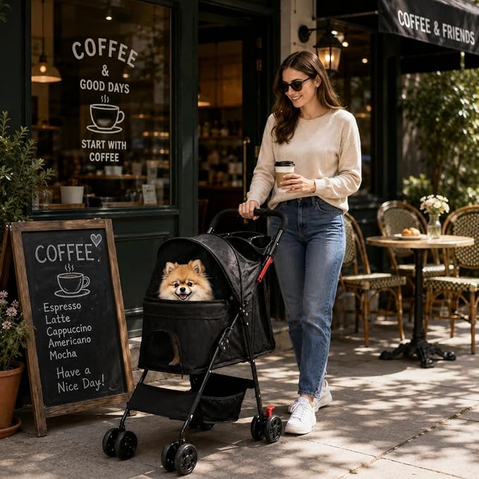 Dog Stroller for Small Dogs, Pet Stroller with 4 Wheels, Foldable Dog Strollers for Small Dogs & Cats, Cat Stroller with Storage Basket, Breathable Mesh, 360° Wheels & Rear Brakes Grey