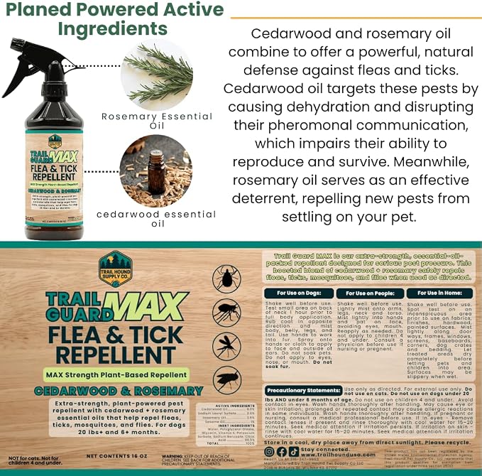 Trail Guard MAX - Natural Extra Strength Insect, Flea and Tick Spray for Dogs, People & Home (16oz MAX Strength, Cedarwood & Rosemary)