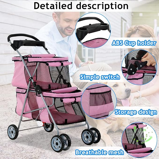 Double Pet Stroller for Small Medium Dogs, 4 Wheels Folding Travel Carrier Cage with Cup Holder for 2 Doggie Puppy Or Two Kitty, Pink