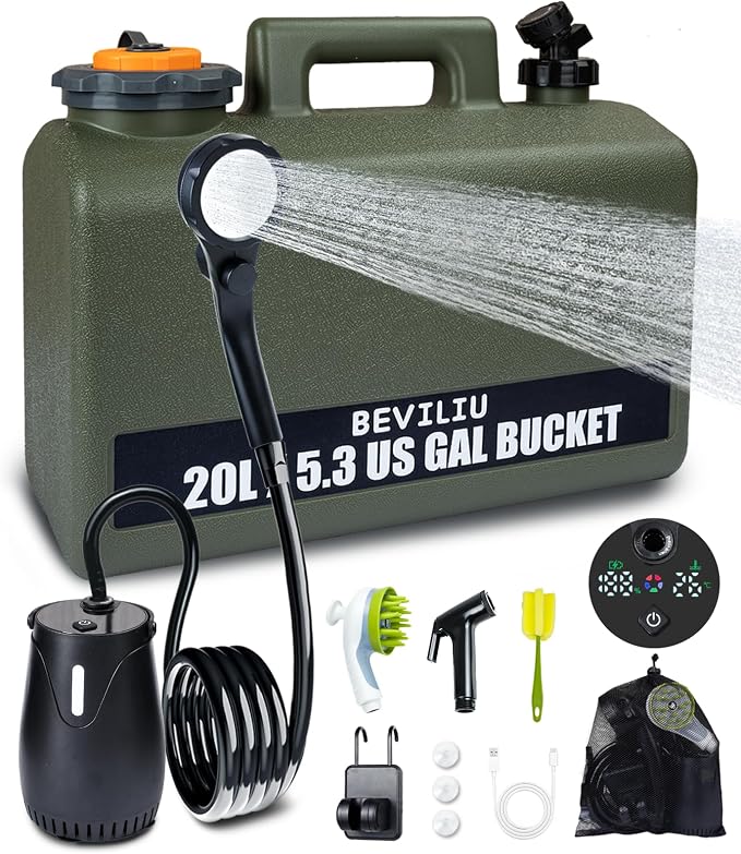 Beviliu Portable Camping Shower – 3 Gallon & 5 Gallon Food-Grade Jug, Rechargeable Pump, IPX8 Waterproof, Lightweight & Extra-Large Portable Shower for Camping, Beach, RV, Pet