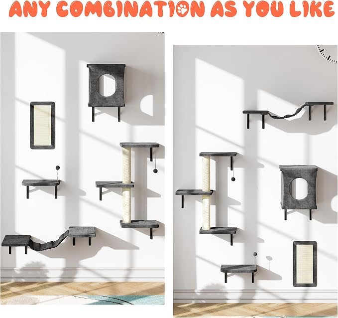5 Pcs Cat Wall Shelves Set, Wall-Mounted Climber with Cat House, Scratching Post, Bridge, Hammock, Space-Saving Play Furniture, Gray