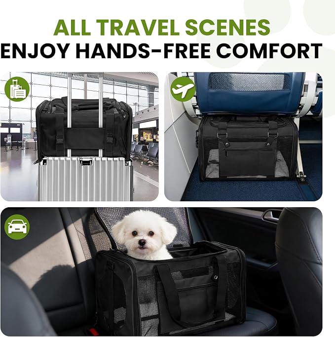 Soft-Sided Cat Carrier Expandable Pet Carrier Airline Approved Mesh Zipper with Lock Travel Carrier Up to 15lbs for Cats Dogs Collapsible Escape-Proof with Strap (18x11x11 Black-L)